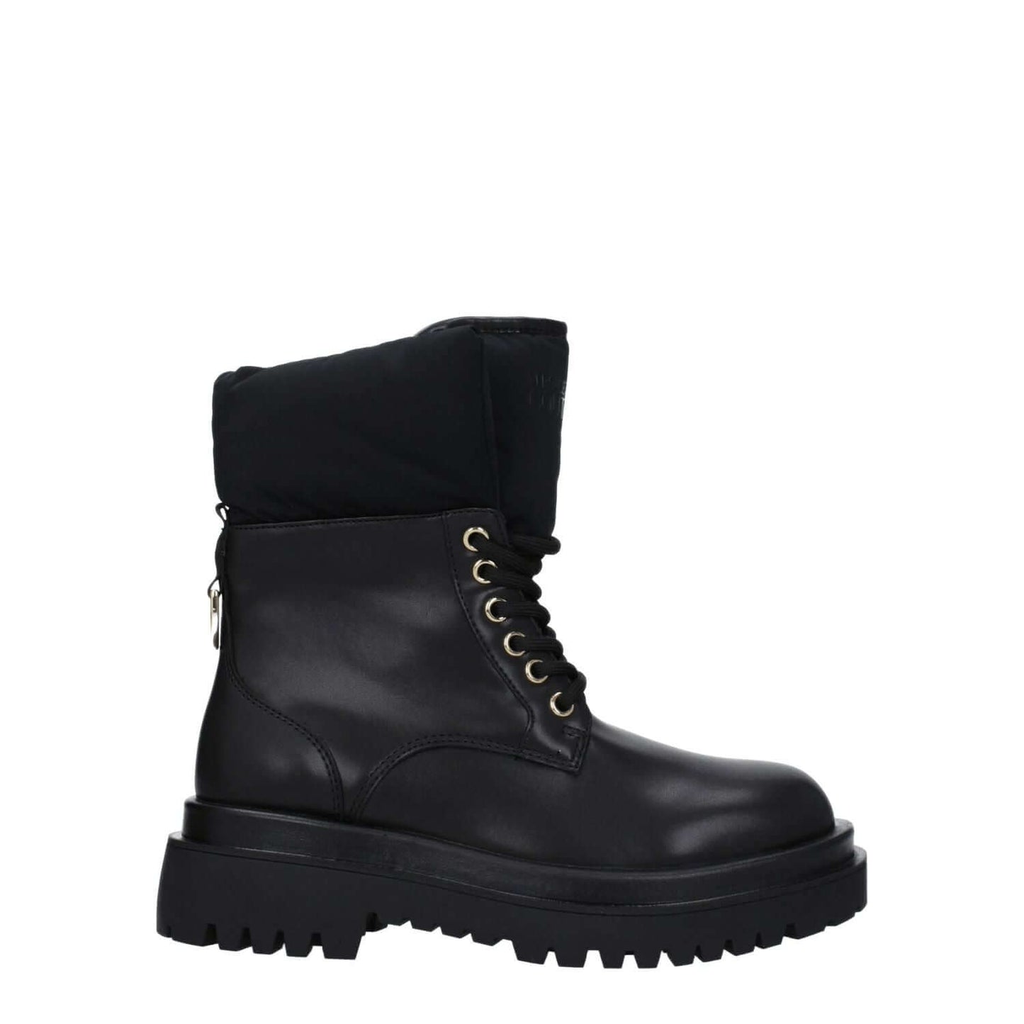 Versace Jeans Black Polyethylene Ankle Boots with lace-up closure and rubber sole, featuring a front logo and mid heel.