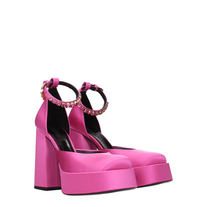 Versace Pink Satin Platform Pumps with rhinestone detail, gold side accents, and buckle closure, high heel 12.5 cm, stylish design.