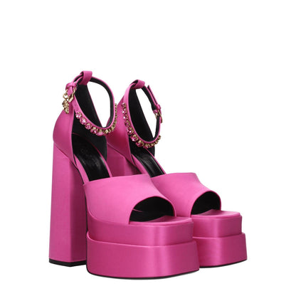 Versace Pink Satin Platform Sandals with rhinestone details and buckle closure, featuring high heels and open toe design.
