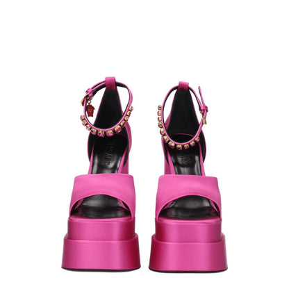 Versace Pink Satin Platform Sandals with rhinestone detail and high heel, open toe, buckle closure, and leather sole.