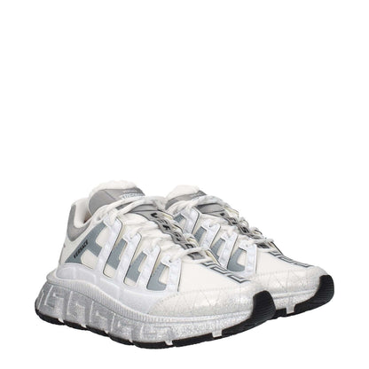 Versace White Fabric Athletic Sneakers with logos, lace up closure, rubber sole, round toe, mid heels, and silver accents.