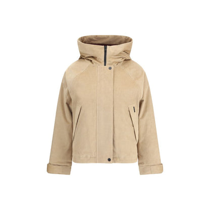 Woolrich Beige Cotton Clothing - Corduroy jacket with hood and zipper front closure, ideal for warmth and outdoor functionality.