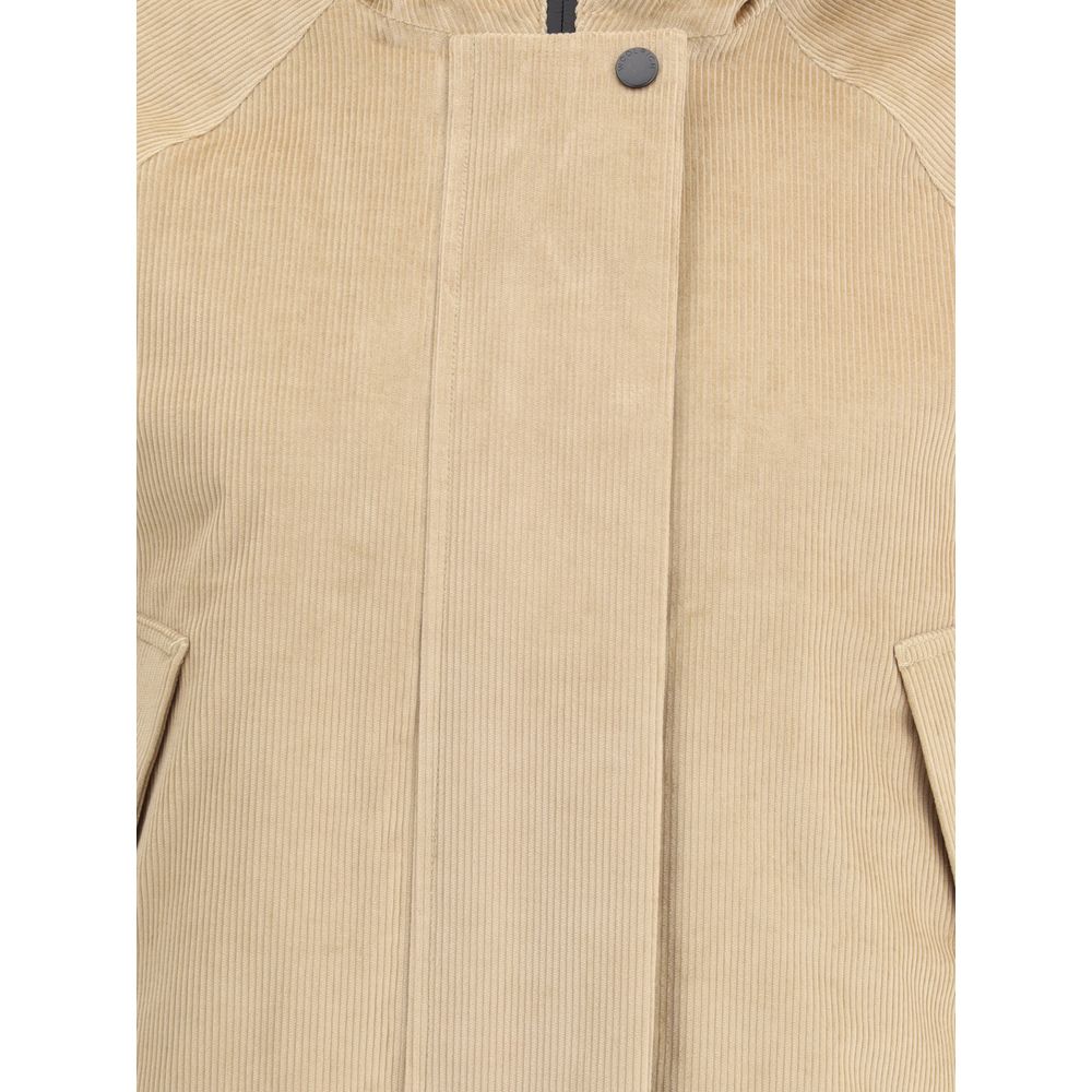 Woolrich Beige Cotton Clothing corduroy jacket with hood, zipper front, and buttoned welt pockets, perfect for AW25 cold season.