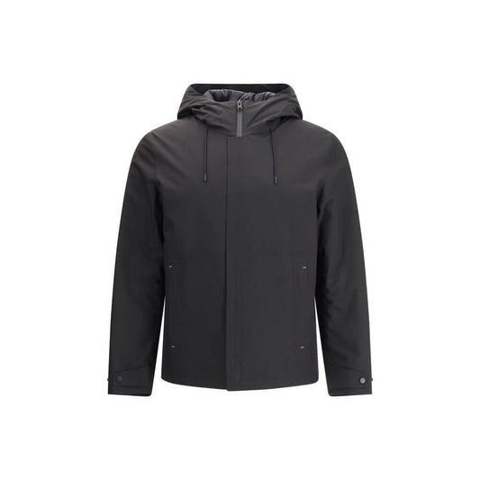 Woolrich Black Polyester Shell Jacket with adjustable drawstring hood and double-slider zipper for versatile weather protection.