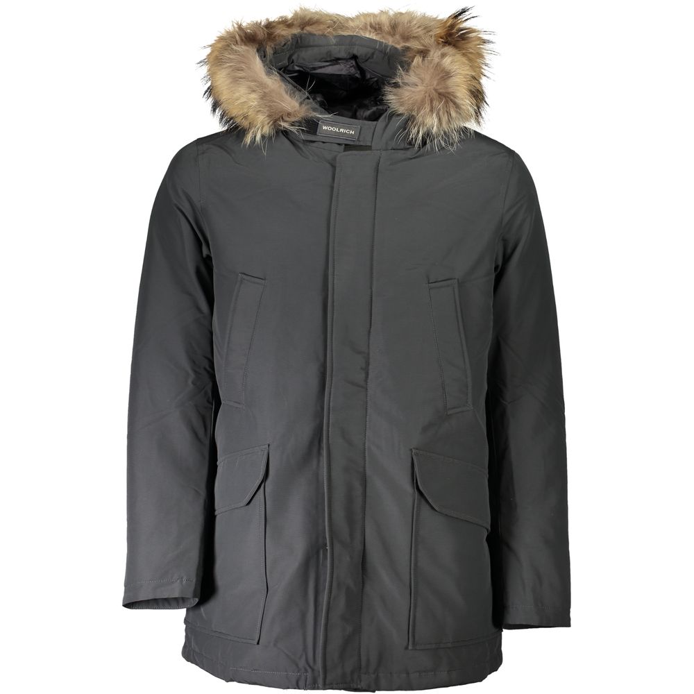 Woolrich Gray Cotton Men's Jacket with removable fur hood and multiple pockets, showcasing style and utility.