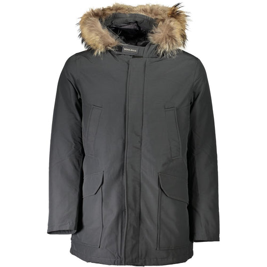 Woolrich Gray Cotton Men's Jacket with removable fur hood and multiple pockets, showcasing style and utility.