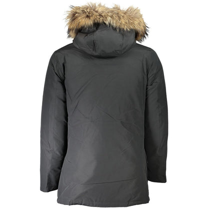 Back view of Woolrich Gray Cotton Men's Jacket featuring a fur-trimmed hood.