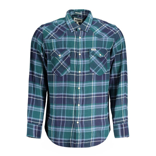 Wrangler Green Cotton Shirt, long sleeve Scottish plaid flannel, regular fit with Italian collar and automatic button cuffs and pockets.