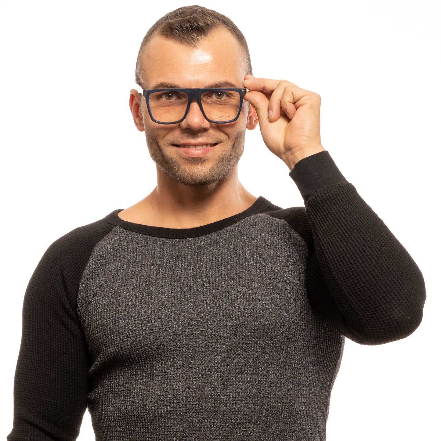 Man wearing Yohji Yamamoto Blue Plastic Glasses (Frames) with a full-rim style and trapezium shape, showcasing the blue plastic frame.