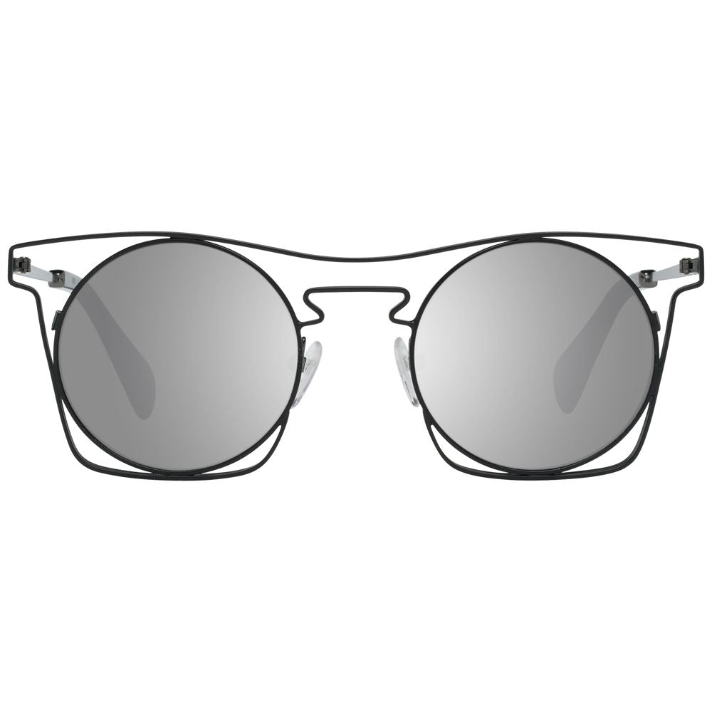 Black round sunglasses with mirrored lenses and unique frame design, offering 100% UVA & UVB protection.