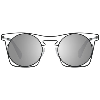Black round sunglasses with mirrored lenses and unique frame design, offering 100% UVA & UVB protection.