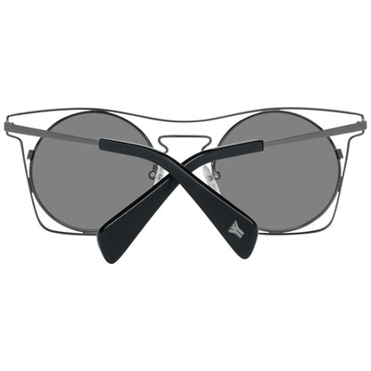 Yohji Yamamoto Blue Stainless Steel Sunglasses with grey mirrored lenses, UV protection, and full-rim design, viewed from the front.