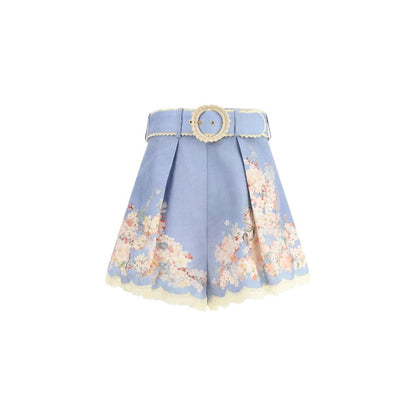 Zimmermann Light Blue Linen Bermuda Shorts with botanical print and belted waist, perfect for chic summer style AW25.
