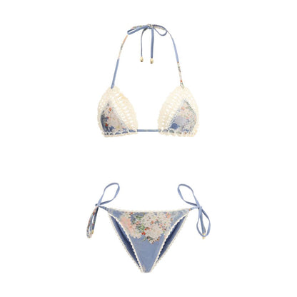Zimmermann Light Blue Polyamide Bikini with crochet detail, floral print, and adjustable ties. Cascadian design, 80% polyamide.