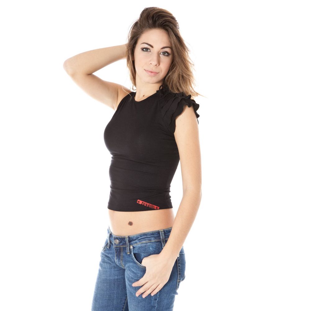 Woman wearing Zuelements Black Lycra Women Top with crew neck and short sleeves, showcasing European chic and brand logo.