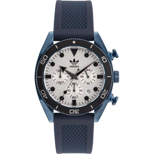 Adidas black synthetic watch with blue stainless steel case, white dial, quartz mechanism, silicone bracelet, analog display, 10ATM water resistance