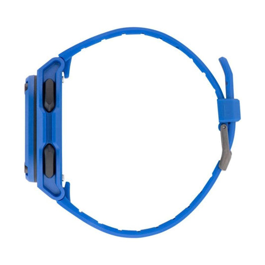 Side view of Adidas Blue Synthetic Watch with a silicone blue bracelet and a resin case, featuring digital display and buckle closure.