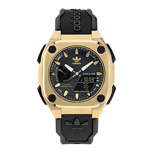 Adidas black synthetic watch with golden stainless steel case, black silicone bracelet, quartz mechanism, analog/digital display, 10ATM water resistance, 45mm dial.