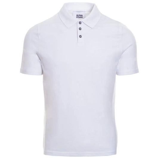 Alpha Studio white cotton polo shirt with short sleeves and three-button collar, perfect for casual or formal occasions.