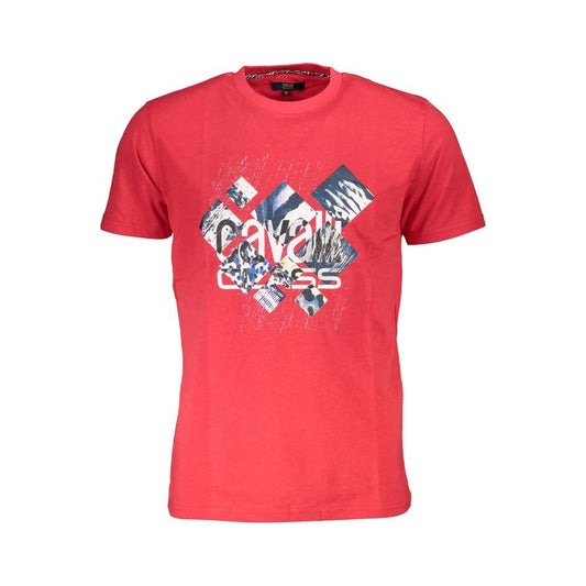 Cavalli Class Red Cotton Men's T-Shirt with bold logo and graphic print, showcasing Italian craftsmanship and style.