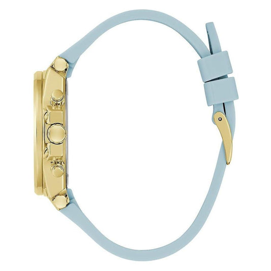 Side view of Guess Blue Synthetic Watch featuring golden stainless steel case, blue silicone strap, and buckle closure.