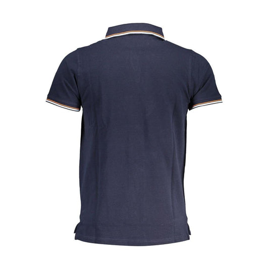 Back view of Norway 1963 blue cotton men's polo shirt featuring contrast details.