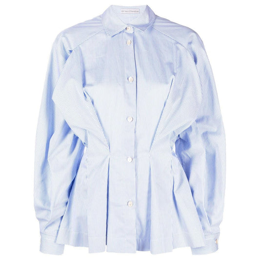 PALMER/HARDING blue gathered-waist cotton shirt with a classic collar and pleat detailing, featuring buttoned cuffs and a straight hem.