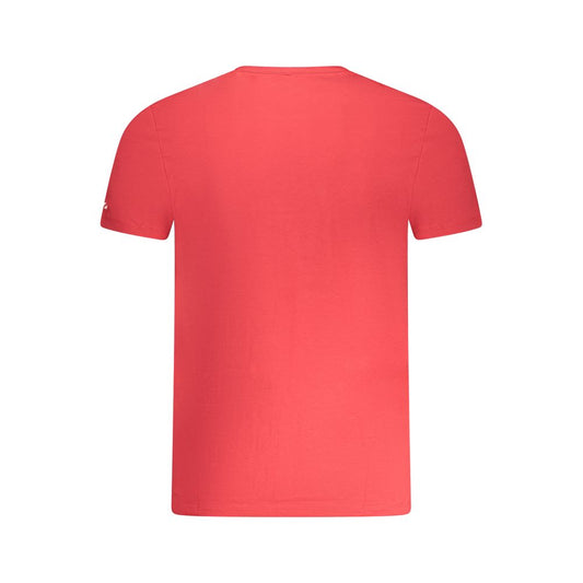 Back view of Pepe Jeans red cotton men's T-shirt, slim-fit with short sleeves, crew neck, and logo detail.