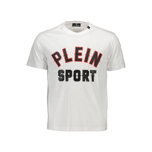 Plein Sport white cotton men's t-shirt with bold logo and contrasting details, short-sleeve, crew neck, statement sporty style.