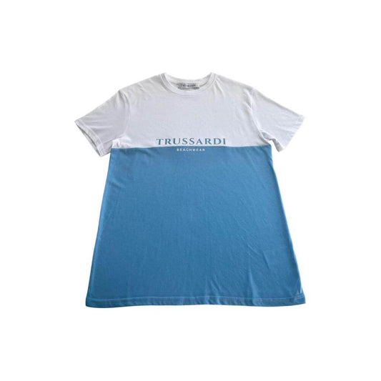 Trussardi Beachwear light blue two-tone cotton men's T-shirt with logo print, short sleeves, and crew neck.
