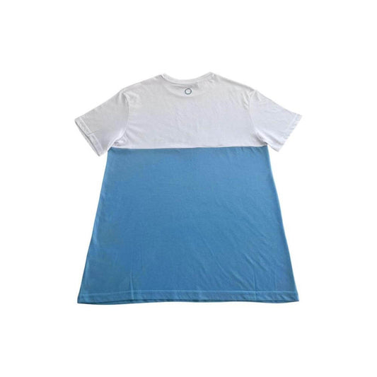 Back view of Trussardi Beachwear light blue and white cotton men's T-shirt with crew neck and short sleeves, showcasing two-tone design.