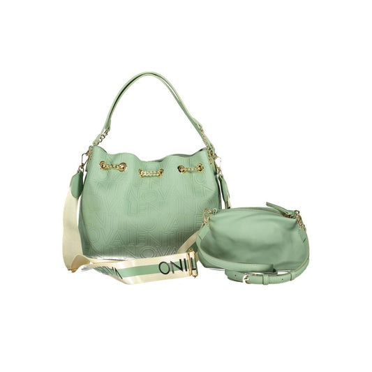Valentino Bags green polyethylene handbag with gold accents, adjustable straps, contrasting details, protective feet, and logo.